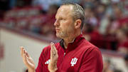 Indiana coach Darian DeVries claps Nov. 5, 2025, versus Alabama A&M at Simon Skjodt Assembly Hall in Bloomington.