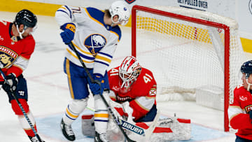 Ryan McLeod (71) in a puck battle in front of the net against the Florida Panthers on Saturday night. 