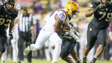 Trey Holly (25) runs the ball as the LSU Tigers take on the the Army Black Knights in Tiger Stadium in Baton Rouge, Louisiana, October. 21, 2023.