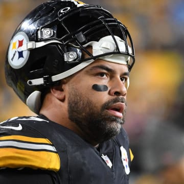 Nov 2, 2023; Pittsburgh, Pennsylvania, USA; Pittsburgh Steelers defensive end Cam Heyward watches the game against the Tennessee Titans during the second quarter at Acrisure Stadium. Mandatory Credit: Philip G. Pavely-USA TODAY Sports