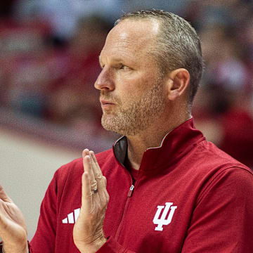 Indiana coach Darian DeVries claps Nov. 5, 2025, versus Alabama A&M at Simon Skjodt Assembly Hall in Bloomington.