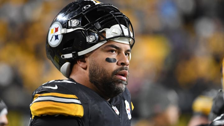 Nov 2, 2023; Pittsburgh, Pennsylvania, USA; Pittsburgh Steelers defensive end Cam Heyward watches the game against the Tennessee Titans during the second quarter at Acrisure Stadium. Mandatory Credit: Philip G. Pavely-USA TODAY Sports