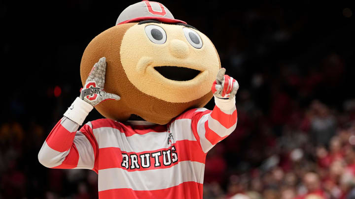 Jan 21, 2024; Columbus, Ohio, USA; Ohio State Buckeyes mascot Brutus cheers during the NCAA women   s basketball game against the Iowa Hawkeyes at Value City Arena. Ohio State won 100-92.