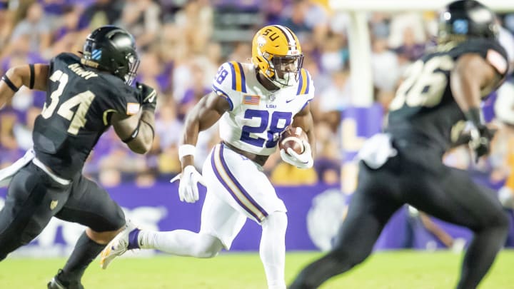 Kaleb Jackson (28) runs the ball as the LSU Tigers take on the the Army Black Knights in Tiger Stadium in Baton Rouge, Louisiana, October. 21, 2023.