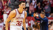 Indiana's Trey Galloway (32) celebrates as Penn State Head Coach Mike Rhoades calls timeout during the Indiana versus Penn St. mens basketball game at Simon Skjodt Assembly Hall on Wednesday, Feb. 26, 2025.