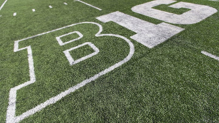 Oct 25, 2014; Madison, WI, USA; The Big 10 logo on the field at Camp Randall Stadium following the game between the Maryland Terrapins and Wisconsin Badgers. Wisconsin won 52-7. Oct 25, 2014; Madison, WI, USA; The Big 10 logo on the field at Camp Randall Stadium following the game between the Maryland Terrapins and Wisconsin Badgers. Wisconsin won 52-7.