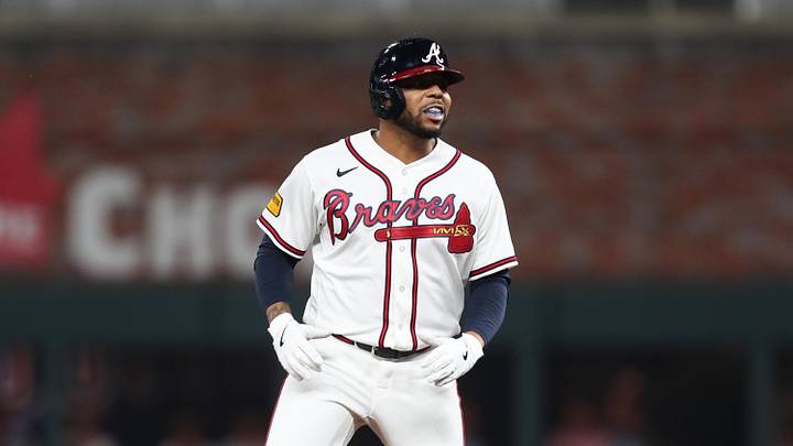 Apr 14, 2026; Cumberland, Georgia, USA; Atlanta Braves designated hitter Dominic Smith (8) reacts to his a three-run double against the Miami Marlins in the eight inning at Truist Park. Mandatory Credit: Mady Mertens-Imagn Images