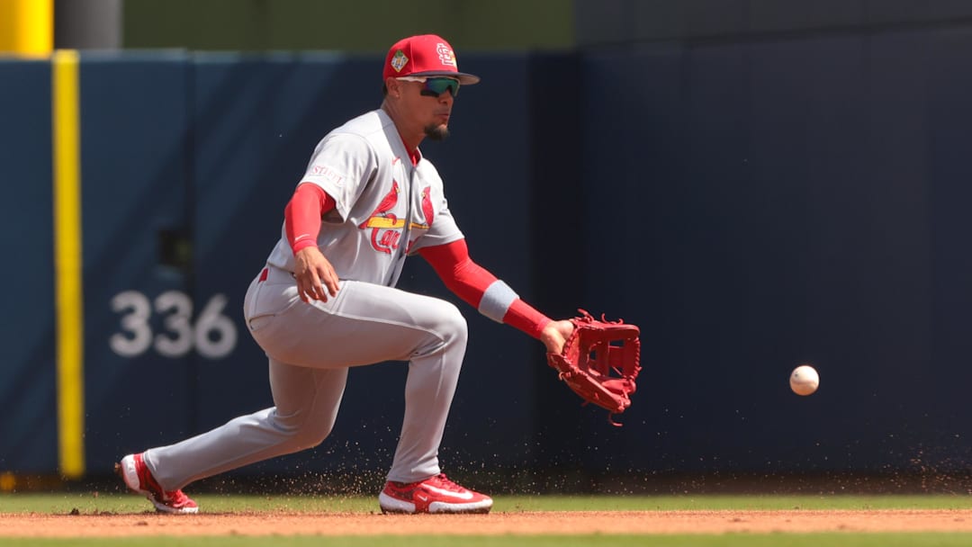 Feb 22, 2026; West Palm Beach, Florida, USA; St. Louis Cardinals second baseman Bryan Torres (39) catches a ground ball to retire Houston Astros left fielder Taylor Trammell II (not pictured) during the first inning at CACTI Park of the Palm Beaches. Mandatory Credit: Sam Navarro-Imagn Images
