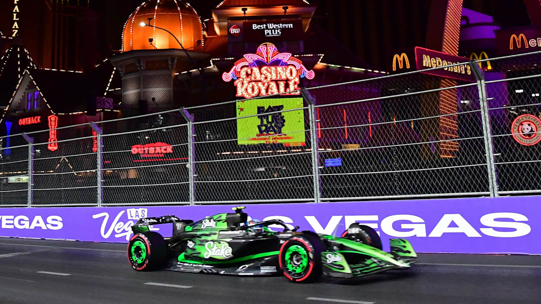 Nov 22, 2024; Las Vegas, Nevada, USA; Stake F1 Sauber driver Zhou Guanyu (24) during practice at Las Vegas Circuit. Mandatory Credit: Gary A. Vasquez-Imagn Images