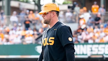Tennessee assistant head coach Josh Elander during a college baseball game between Tennessee and Vanderbilt at Lindsey Nelson Stadium in Knoxville, Tenn., on May 9, 2025.