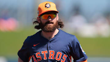 Houston Astros second baseman Brendan Rodgers (54) looks on against the Washington Nationals during the first inning at CACTI Park of the Palm Beaches. Mandatory Credit: Sam Navarro-Imagn Images