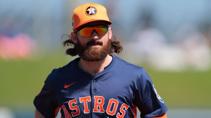 Houston Astros second baseman Brendan Rodgers (54) looks on against the Washington Nationals during the first inning at CACTI Park of the Palm Beaches. Mandatory Credit: Sam Navarro-Imagn Images