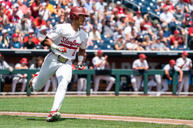 Stanford Cardinal right fielder Braden Montgomery (6) heads for first base after hitting a single during the first inning.