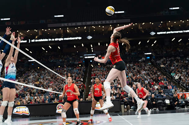 Outside hitter Megan Courtney-Lush, spikes the ball during the Columbus Fury home game against the Omaha Supernovas.