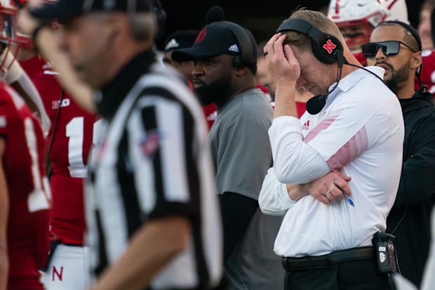 Nebraska Cornhuskers head coach Scott Frost reacts after an interception by the Purdue Boilermakers.