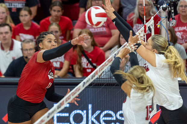 Nebraska outside hitter Teraya Sigler attacks the net during the Red-White Scrimmage on Saturday.