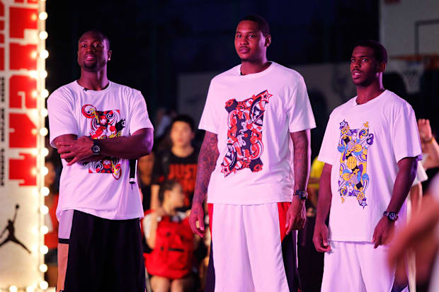 Dwyane Wade, Carmelo Anthony, and Chris Paul at a sneaker event.