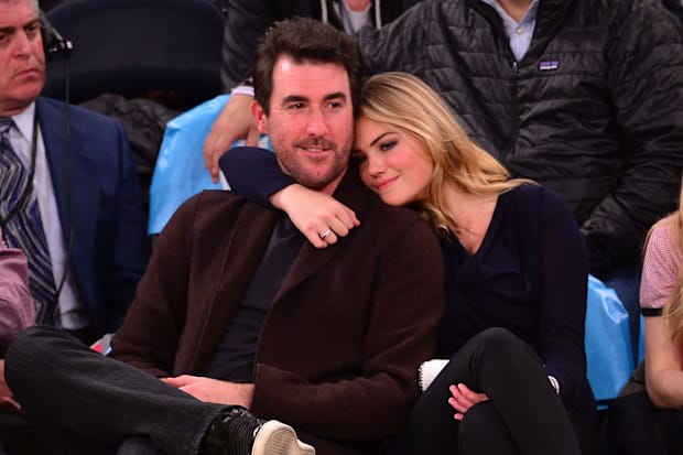 Justin Verlander and Kate Upton attend the Orlando Magic vs New York Knicks game at Madison Square Garden