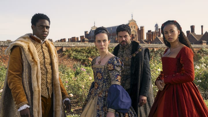 Jordan Peters as King Edward, Kate O'Flynn as Princess Mary, Dominic Cooper as Lord Seymour in My Lady Jane on Prime Video