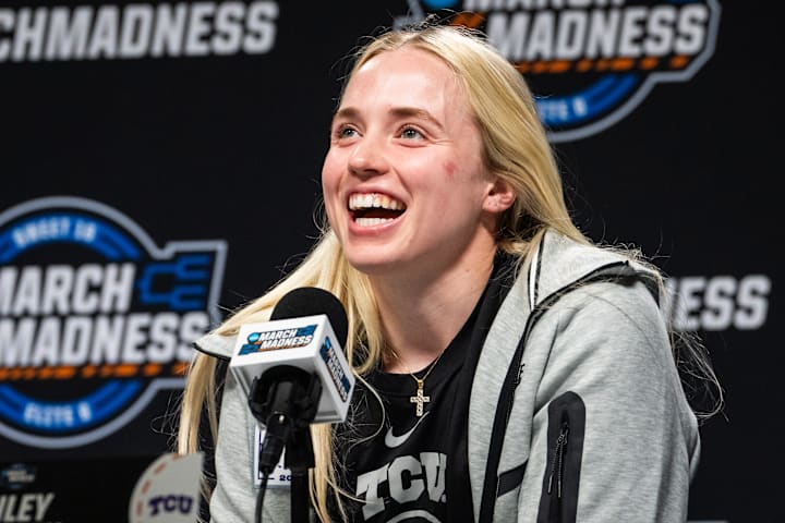 TCU guard Hailey Van Lith speaks to the media during a press conference ahead of the Regional Finals of the NCAA Women's Tour