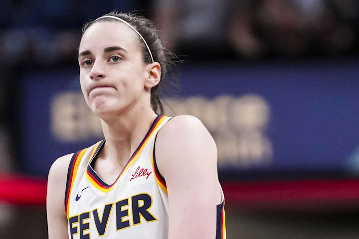  Indiana Fever guard Caitlin Clark reacts during a loss to the New York Liberty at Gainbridge Fieldhouse. 