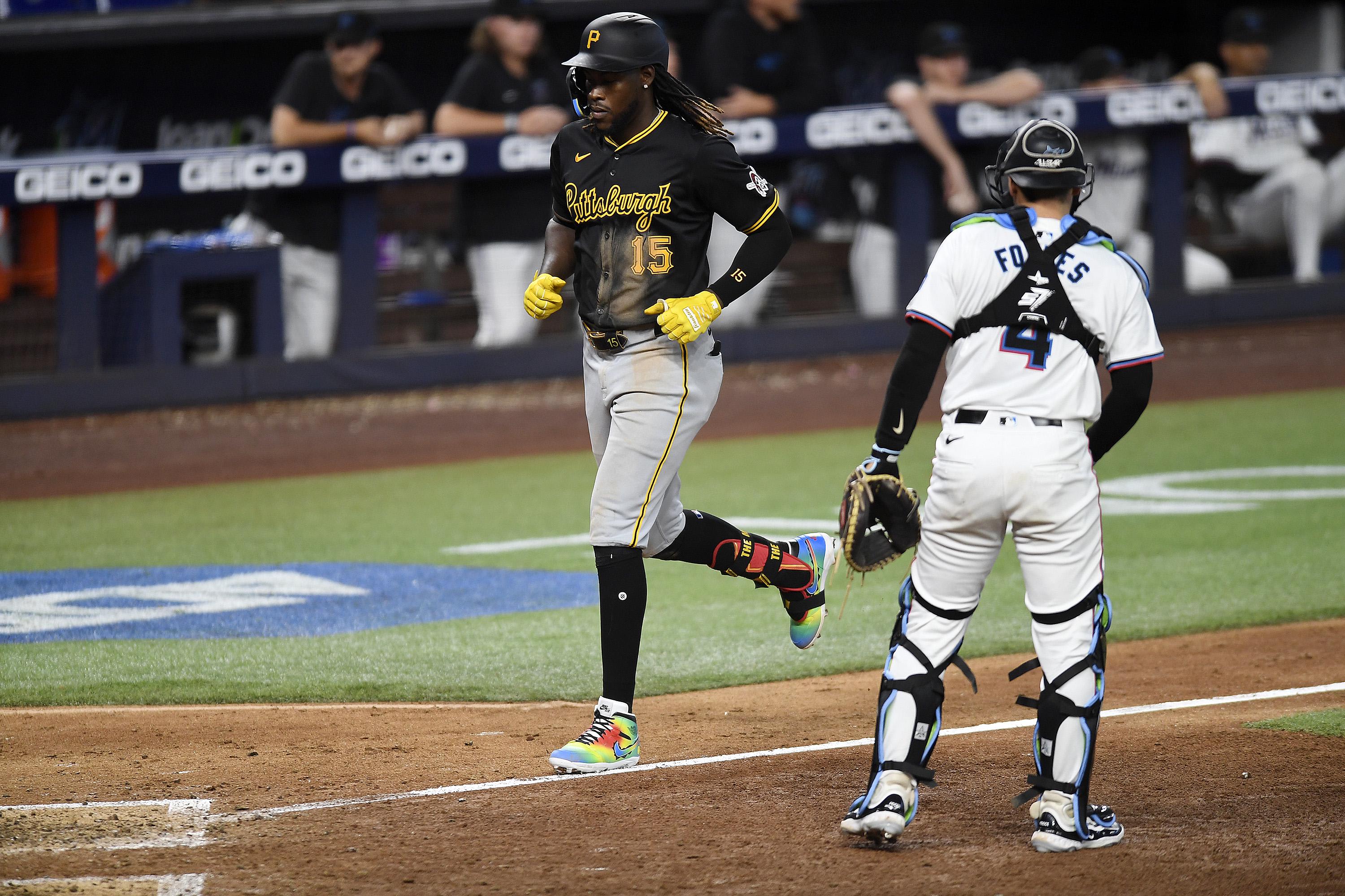 Pittsburgh Pirates shortstop Oneil Cruz runs across home plate