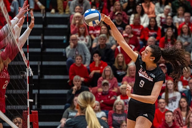 Nebraska's Virginia Adriano goes for an attack against Indiana.