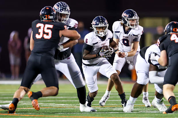 Denton Ryan and Aledo clash in a Texas Class 5A high school football showdown on Friday, Oct. 4, 2024.