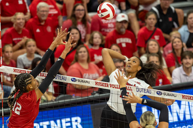 Nebraska middle blocker Manaia Ogbechie prepares to spike the ball during the Red-White Scrimmage on Saturday.