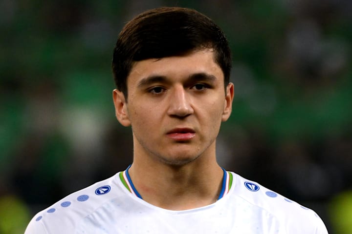 Abdukodir Khusanov in action for Uzbekistan.