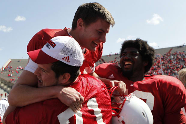 Nebraska Cornhuskers Red team kicker Brett Maher (96) celebrates his game-winning field goal.