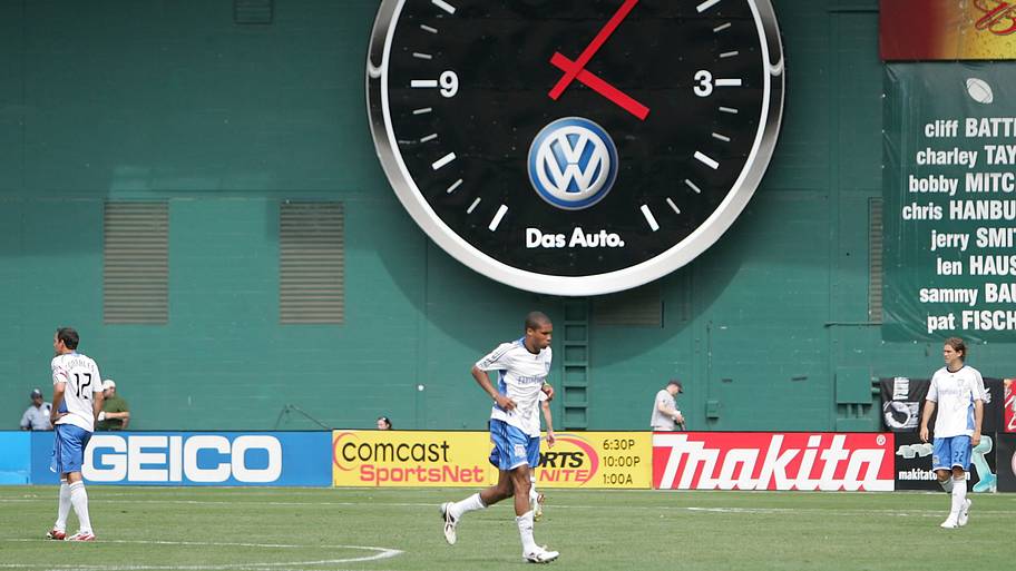Massive clock looming over an MLS match.