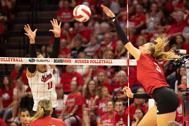 Nebraska opposite hitter Allie Sczech fires the ball across the net during the Red-White Scrimmage on Saturday.