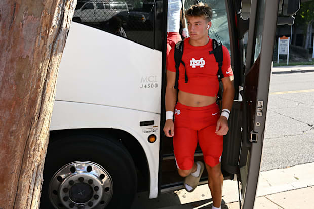 Mater Dei football players arrive at the Santa Ana Bowl before their showdown with Bishop Gorman on Friday, Sept. 6, 2024.