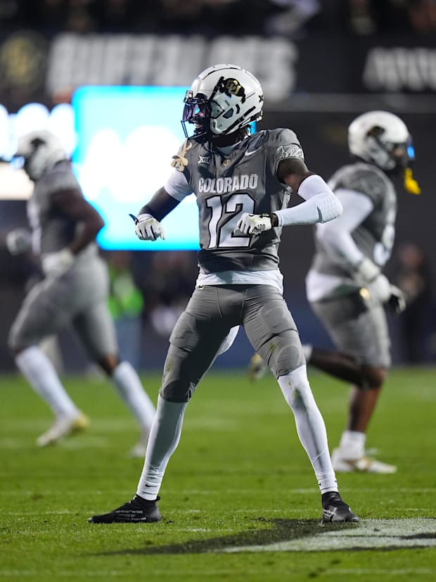 Oct 26, 2024; Boulder, Colorado, USA; Colorado Buffaloes cornerback Travis Hunter (12) reacts to a play in the second quarter