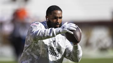 Nov 3, 2024; Cleveland, Ohio, USA; Cleveland Browns wide receiver Elijah Moore (8) catches the ball during warm ups before the game against the Los Angeles Chargers at Huntington Bank Field. Mandatory Credit: Scott Galvin-Imagn Images