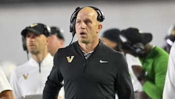 Nov 8, 2025; Nashville, Tennessee, USA;  Vanderbilt Commodores head coach Clark Lea paces the sideline against the Auburn Tigers during the second half at FirstBank Stadium. Mandatory Credit: Steve Roberts-Imagn Images