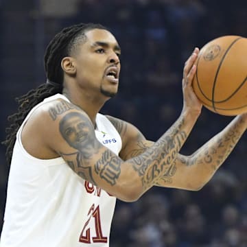 Apr 13, 2025; Cleveland, Ohio, USA; Cleveland Cavaliers forward Emoni Bates (21) looks to shoot in the first quarter against the Indiana Pacers at Rocket Arena. Mandatory Credit: David Richard-Imagn Images