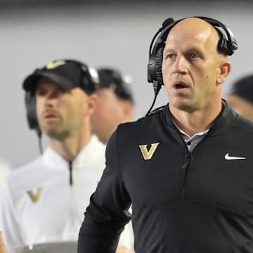 Nov 8, 2025; Nashville, Tennessee, USA;  Vanderbilt Commodores head coach Clark Lea paces the sideline against the Auburn Tigers during the second half at FirstBank Stadium. Mandatory Credit: Steve Roberts-Imagn Images