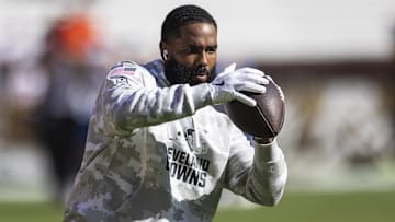 Nov 3, 2024; Cleveland, Ohio, USA; Cleveland Browns wide receiver Elijah Moore (8) catches the ball during warm ups before the game against the Los Angeles Chargers at Huntington Bank Field. Mandatory Credit: Scott Galvin-Imagn Images