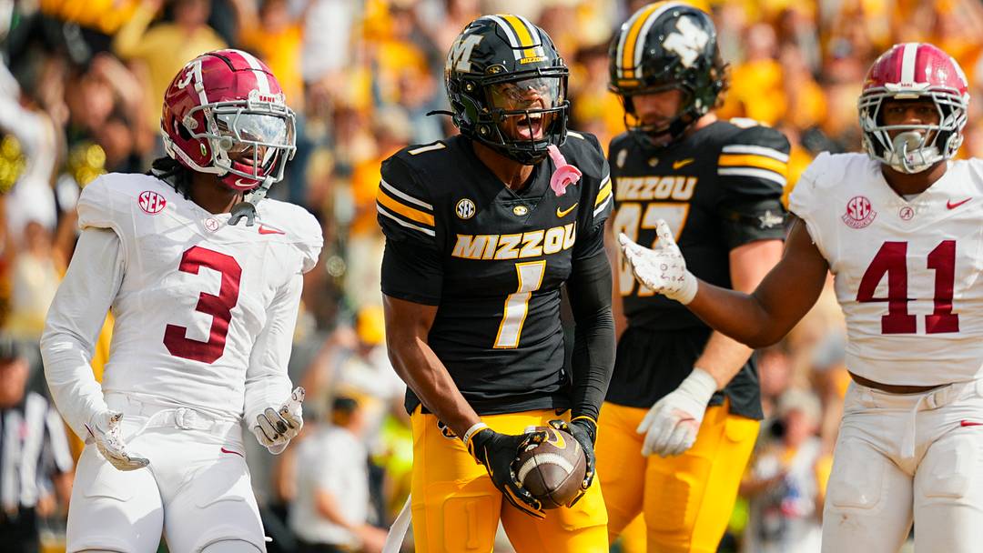 Oct 11, 2025; Columbia, Missouri, USA; Missouri Tigers wide receiver Donovan Olugbode (1) celebrates after scoring a touchdown during the second half against the Alabama Crimson Tide at Faurot Field at Memorial Stadium. Mandatory Credit: Jay Biggerstaff-Imagn Images