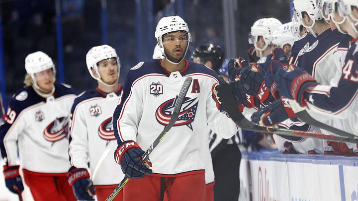 Apr 22, 2021; Tampa, Florida, USA; Columbus Blue Jackets defenseman Seth Jones (3) is congratulated after he scored a goal against the Tampa Bay Lightning during the first period at Amalie Arena. Mandatory Credit: Kim Klement-Imagn Images