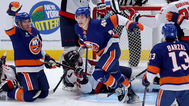 Oct 11, 2025; Elmont, New York, USA; New York Islanders defenseman Matthew Schaefer (48) celebrates his goal against the Washington Capitals during the third period at UBS Arena. The goal was the first of his NHL career. Mandatory Credit: Brad Penner-Imagn Images Oct 11, 2025; Elmont, New York, USA; New York Islanders defenseman Matthew Schaefer (48) celebrates his goal against the Washington Capitals during the third period at UBS Arena. The goal was the first of his NHL career. Mandatory Credit: Brad Penner-Imagn Images