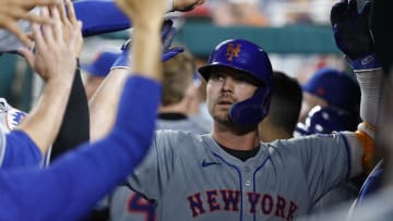 Jun 4, 2024; Washington, District of Columbia, USA; New York Mets first base Pete Alonso (20) celebrates with teammates in the dugout after hitting a home run against the Washington Nationals during the ninth inning at Nationals Park. Mandatory Credit: Geoff Burke-USA TODAY Sports