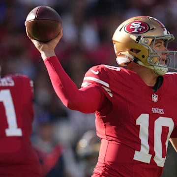 Nov 9, 2025; Santa Clara, California, USA; San Francisco 49ers quarterback Mac Jones (10) throws a pass during the first quarter against the Los Angeles Rams at Levi's Stadium. Mandatory Credit: Cary Edmondson-Imagn Images