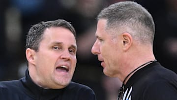 Mar 22, 2025; Providence, RI, USA; McNeese State Cowboys head coach Will Wade talks to an official during the second half of a second round men’s NCAA Tournament game against the Purdue Boilermakers at Amica Mutual Pavilion. Mandatory Credit: Brian Fluharty-Imagn Images
