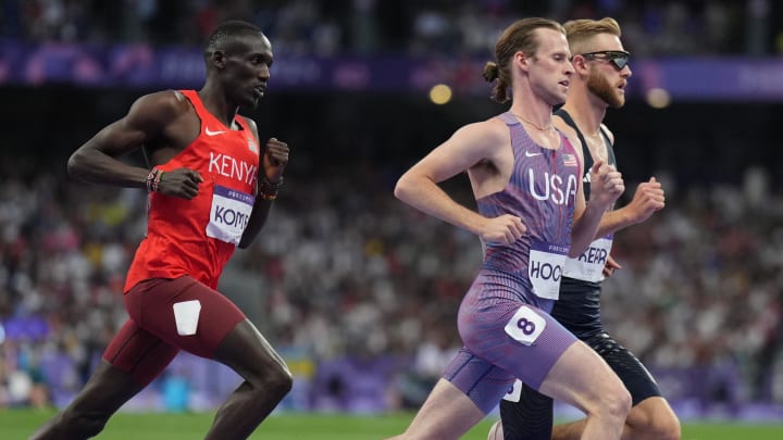 Josh Kerr (GBR) races Cole Hocker (USA) in the men's 1500-meter semifinals during the 2024 Olympic Summer Games at Stade de France in Paris.