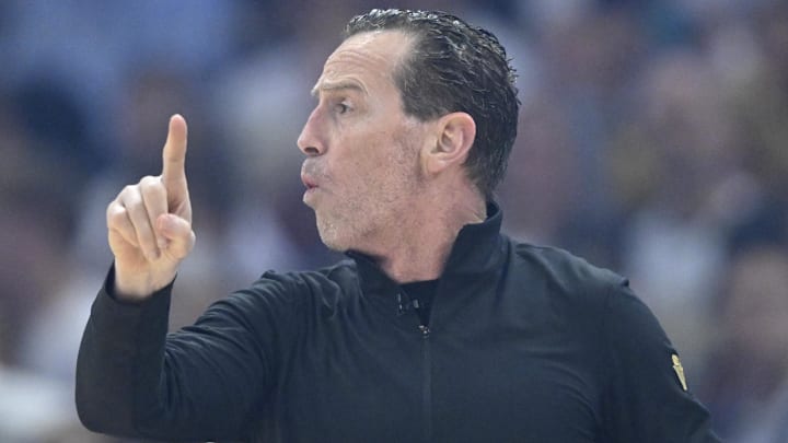May 6, 2025; Cleveland, Ohio, USA; Cleveland Cavaliers head coach Kenny Atkinson reacts in the first quarter against the Indiana Pacers during game two of the second round of the 2025 NBA Playoffs at Rocket Arena. Mandatory Credit: David Richard-Imagn Images