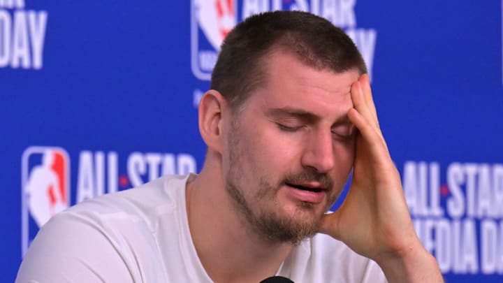 Feb 14, 2026; Los Angeles, CA, USA; Team World center Nikola Jokic (15) of the Denver Nuggets during a news conference for the NBA All Star game at Intuit Dome. Mandatory Credit: Jayne Kamin-Oncea-Imagn Images