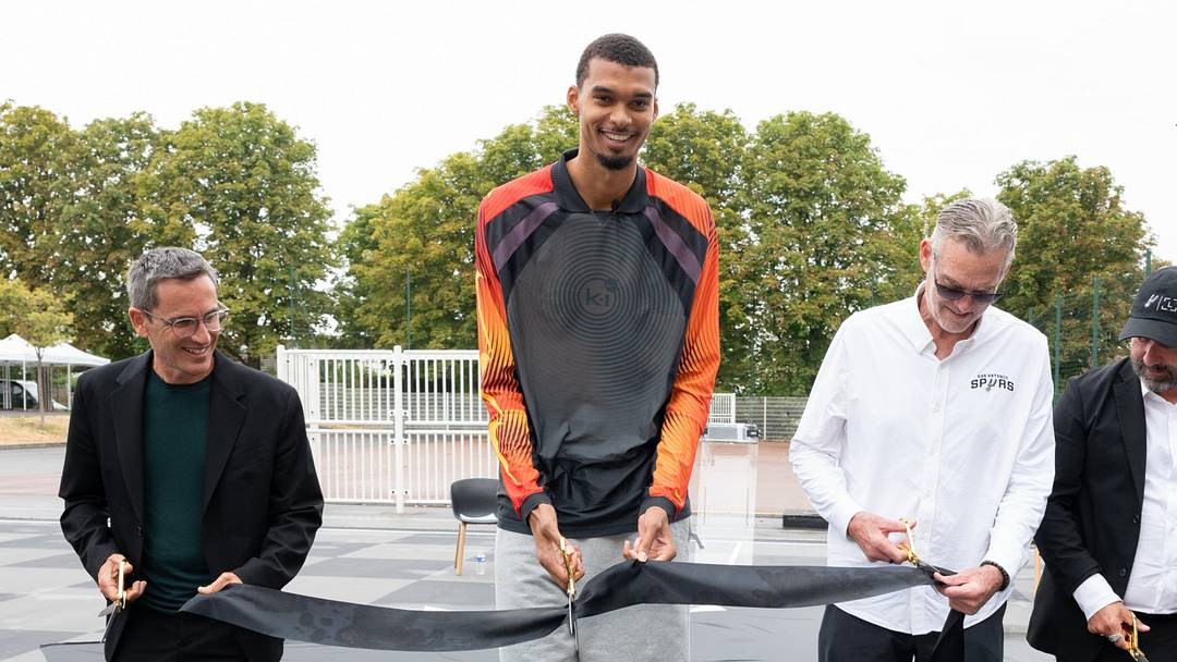 Victor Wembanyama and RC Buford open new court in Wemby's hometown of Nanterre, France.